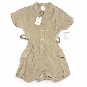 OAT New York 100% Linen Utility Romper NWT Army Green Button Front Tie Waist